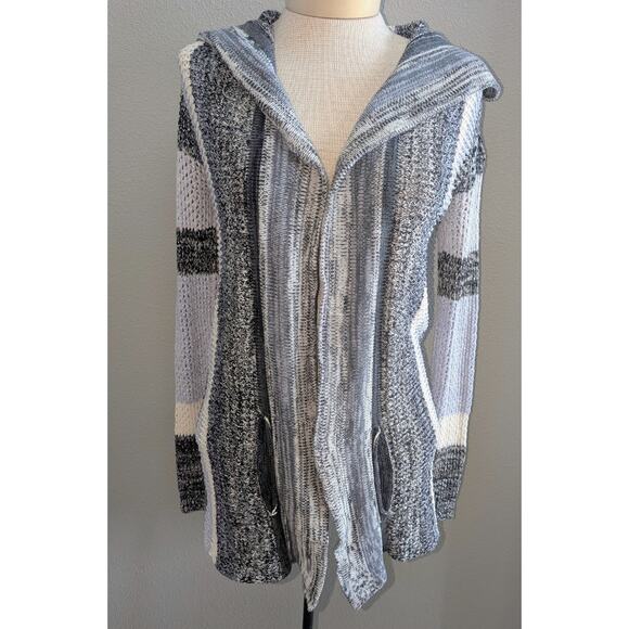 Womens Elan 100% Cotton Open Front Hooded Striped Cardigan Gray White Black Sz S - Picture 1 of 4